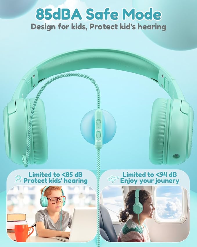 awatrue Kids Headphones for School Travel, 85/94dB Safe Volume Limit, 3.5mm Jack, HD Mic, Portable Wired Headphone with Shareport, Stereo Sound On-Ear Headphones for Toddler Kids Girls Boys Green