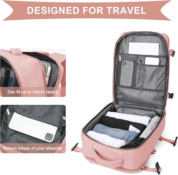 WONHOX Large Travel Backpack Women, Carry On Backpack,Hiking Backpack Waterproof Outdoor Sports Rucksack Casual Daypack with USB Charging Port Shoes Compartment,Pink…