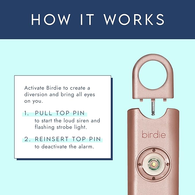 She’s Birdie–The Original Personal Safety Alarm for Women by Women–Loud Siren, Strobe Light and Key Chain in a Variety of Colors (Metallic Rose)