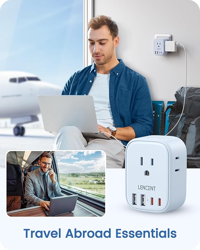 European Travel Plug Adapter, LENCENT US to Europe Type-C Foldable Power Plug with 4 Outlets 4 USB Ports (2 USB C), Power Adaptor for USA to EU Euro Iceland Spain Italy France Germany Greece, Blue