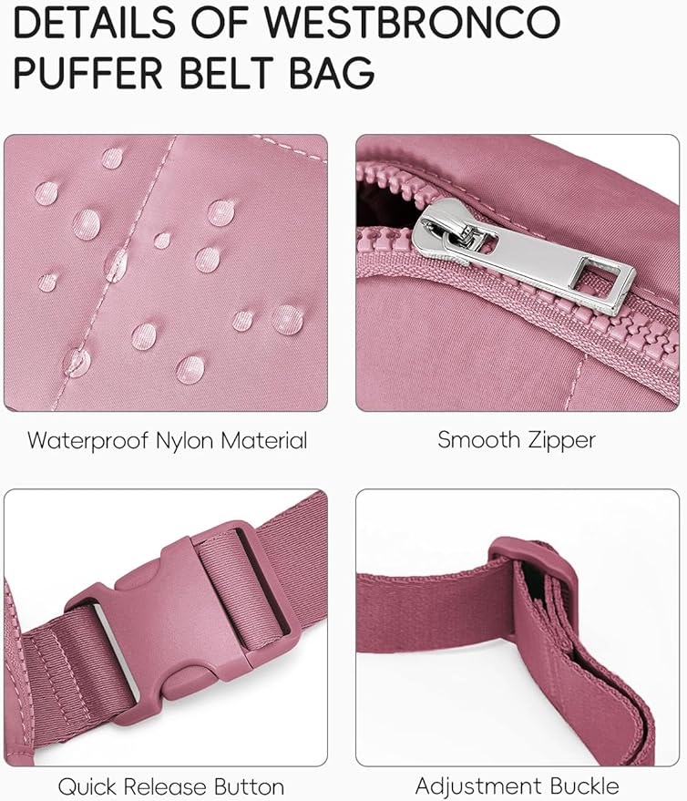WESTBRONCO Puffer Fanny Packs for Women Quilted Nylon Waterproof Belt Bag with 2 Zipper, Puffy Crossbody Bag with Adjustable Strap, 1L Waist Bag for Travel Daily