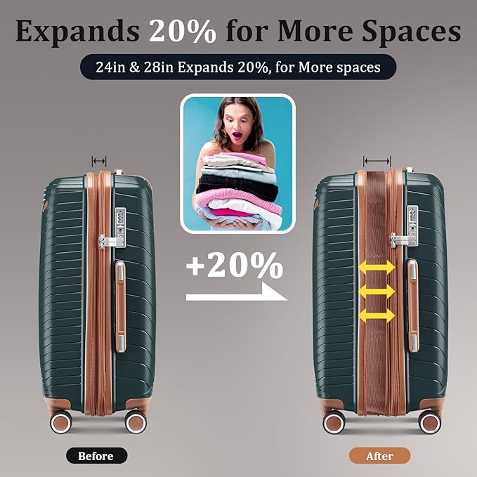 4 Piece Luggage Set, Hardside Expandable Lightweight Suitcase with 360° Mute Spinner Wheels Luggage Sets, TSA Lock, 14/20/24/28 Inch Travel Luggage for Men, Women and Girls (Army Green)