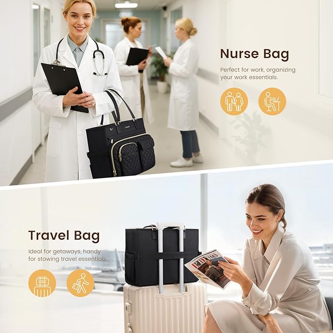 LOVEVOOK Tote Bag, Work Bags for Women with Large Cup Holder, Large Capacity Teacher Tote with Multi Pockets, Water Resistant Nurse Diaper Tote with Padded Laptop Compartment, 17.3 Inch Black