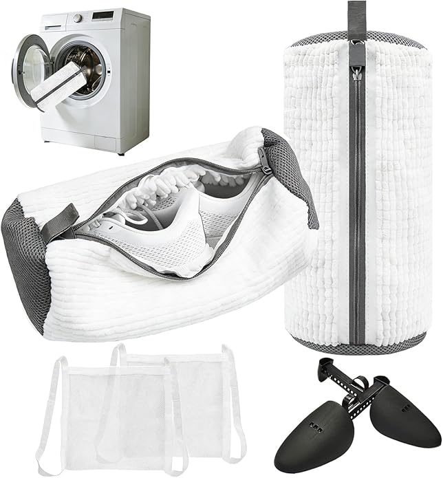 2Pcs Shoe Washing Machine Bag with Shoe Trees & Dryer Bags, Reusable 360° Deep Clean Sneaker Laundry Bag for Washer and Dryer, Protective Shoe Cleaner Bag for Sneakers, Trainers, White