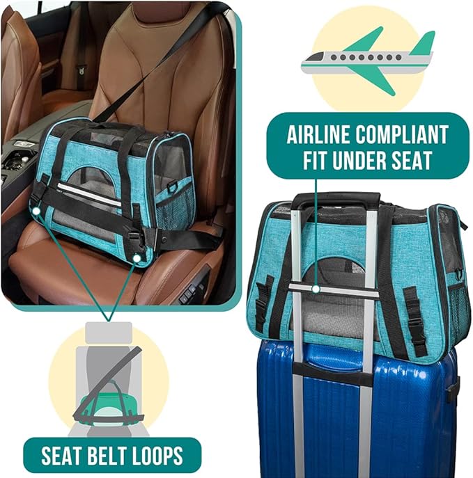 PetAmi Airline Approved Pet Carrier for Cats & Small Dogs, Soft Sided TSA Travel Carrier Bag Sherpa Bed, Breathable Mesh Ventilation, Collapsible Bowl, Fit Under Seat, Up to 18 lbs, Small Heather Blue