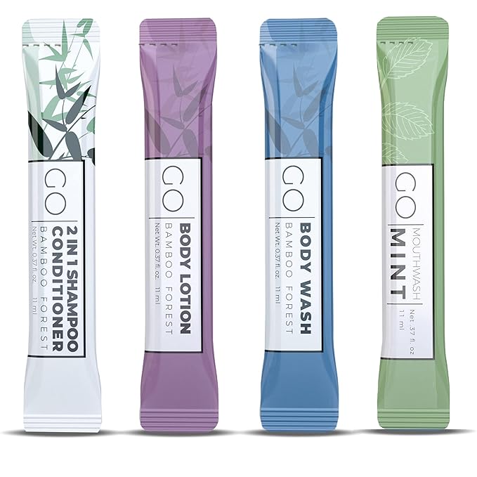 GO Essentials - Men and Women Travel Kit that contains Travel Size Shampoo and Conditioner Set, Mouthwash, Body Wash, and Travel Size Body Lotion Bulk Travel Size Toiletries, Guest and Hotel Supplies