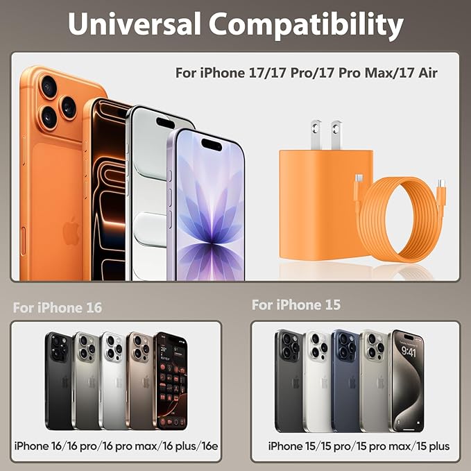 Phone 17 16 15 Charger Fast Charging, 10 FT Long USB C Charger Cord with 20W Type C Fast Phone Charging Block forPhone 17/17 Pro/17 Pro max/Air/Phone 16 15 Pro Max Plus, iPad, Android,Orange