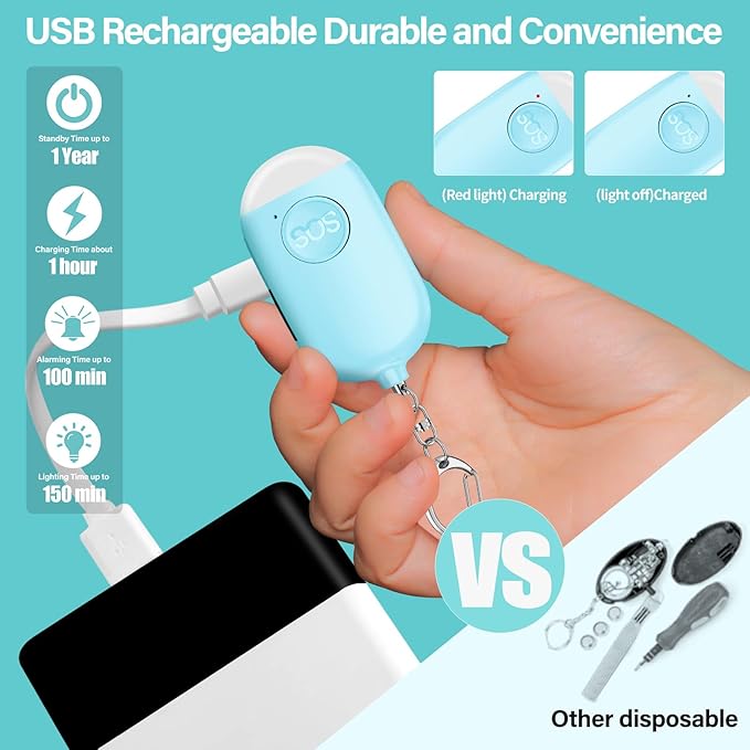 Hion Personal Safety Alarm for Women, 2 Pack Rechargeable 130dB Self Defense Alarm Keychain with LED Flashlight, Emergency Safe Sound Security for Children Elderly, Black+Blue