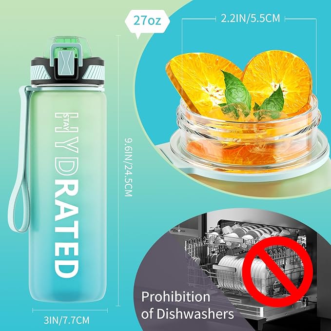 QLUR Water Bottle with Straw, 27oz Motivational Water Bottles with Time Marker to Drink, Tritan BPA Free, 750ml Sports Water Bottle with Carry Strap LeakProof for School Fitness Outdoor (1Pack)
