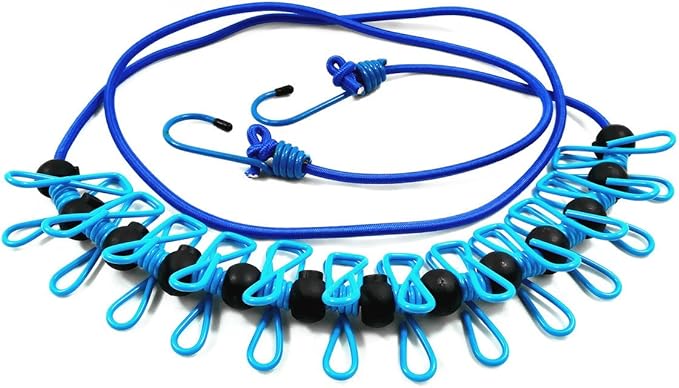 Adjustable Elastic Clothesline with Clips and Positioning Balls Portable Retractable Windproof Laundry Hanging Rope Anti-Skid Washing Line with Drawstring Bag (Light Blue)