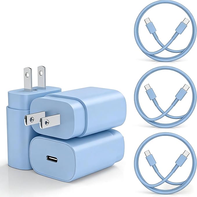 Type C Charger, 3Pack 25W PD USBC Wall Charger Super Fast Charging Block& 6+10+10ft Android Phone Cable Cord for Samsung Galaxy S25 S24 S23 S22 S21 S20(Plus Ultra)/Note 20 10 9 8/ S10 S9 S8 Blue