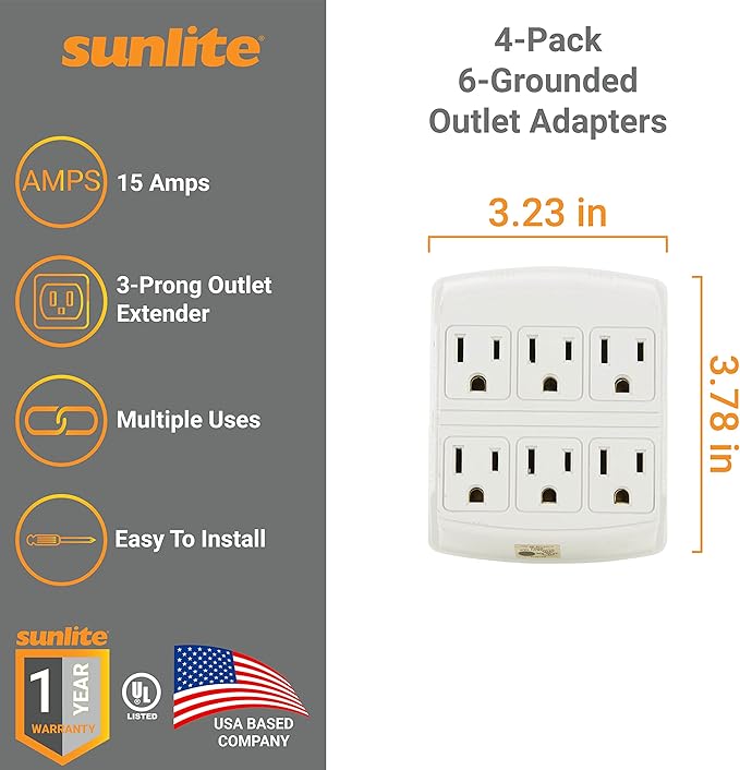Sunlite 41408 6 Grounded Outlet Adapter, Wall Mountable, 3 Prong Outlet Extender Power Strip, Home and Office, UL Listed, Ivory 4 Pack
