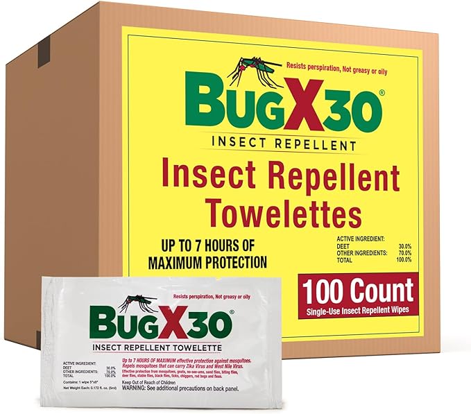 CoreTex Bug X 30 Mosquito, Tick, & Insect Repellent Wipes with 30% DEET - Pack of 100 Single-Use Bug Repellent Wipes for Up to 7 Hours of Reliable Protection Against 12 Types of Biting Insects