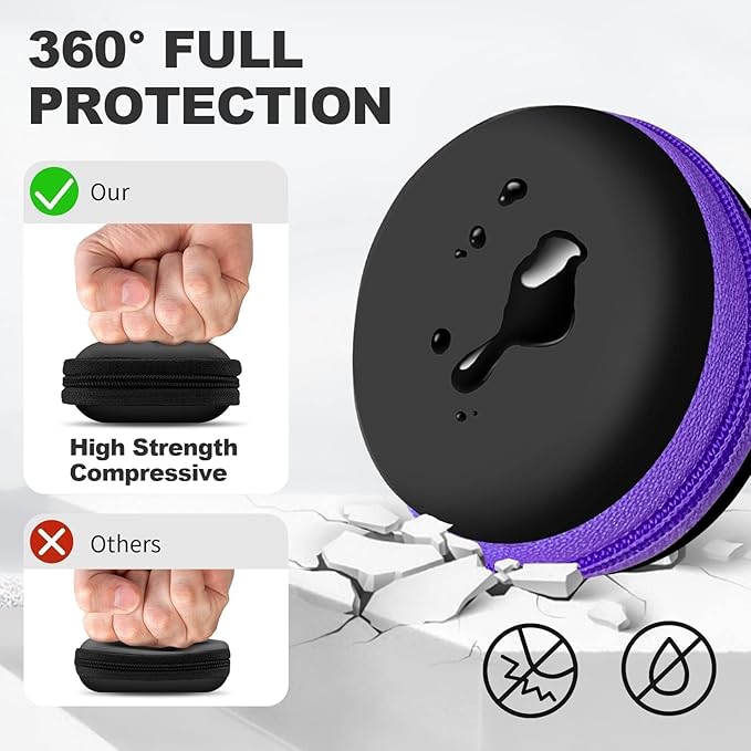 2Pack Round Earbud Case Portable EVA Carrying Case Storage Bag Cell Phone Accessories Organizer with Carabiner for Earphone, Earbud, Earpieces, SD Memory Card, Camera Chips, Black/Purple
