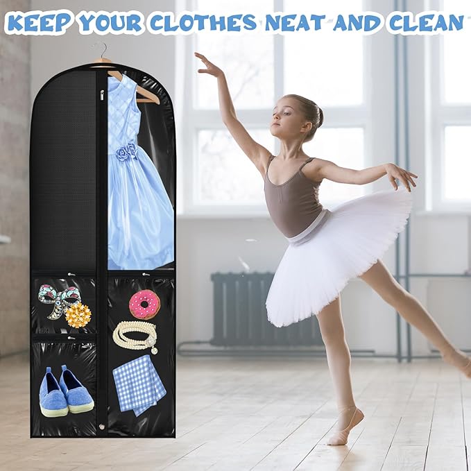 Woanger 6 Pcs Garment Bags for Dance Costumes Clear PVC with Zippers Garment Bag with Pockets Dance Costume Organizer Carrier for Storage Cover for Adult(Black,24'' X 60'')