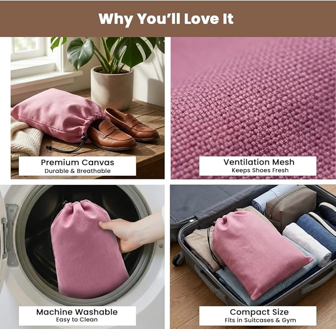 LFH Cotton Rich Shoe Storage Bags with Drawstring, Dustproof Breathable Reusable Organizer, Perfect For Travel, Dorm, Hotel, College, Gym, Easy to Carry, Machine Washable 12"x17" (Pack of 2) - Pink