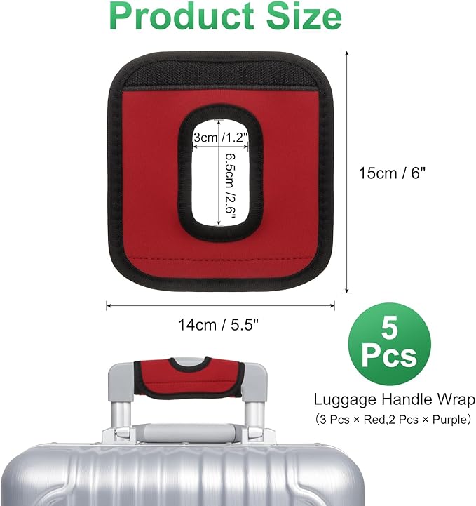 uxcell 5 Pcs Luggage Handle Wrap, Hollow Neoprene Handbag Grip Cover Protector Luggage Identifiers Suitcase Handle Wraps for Luggage Suitcase Travel Bags, Red, Purple