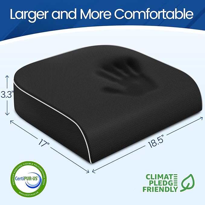 SweetSlubr Seat Cushion for Tailbone Pain Relief, Office Chair Cushion, Memory Foam Large Chair Cushion with Non-Slip Cover for Soft Support at Office Chair, Car Seat, Airplane Black/XLarge