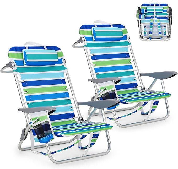 GarveeLife Backpack Beach Chair for Adults 2 Pack, Lightweight Portable Lay Flat Folding Beach Chair with 5 Positions, Backpack Straps, Phone Pocket, Cup Holder & Towel Bar, Support to 300 LBS