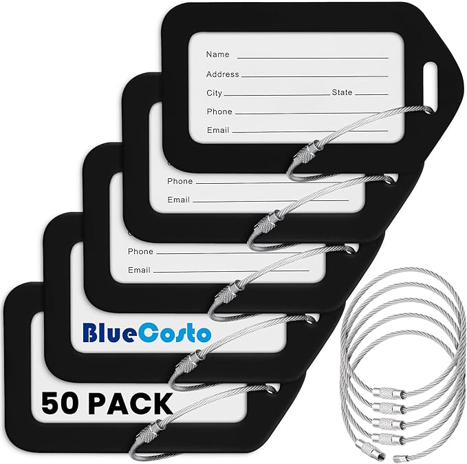 BlueCosto - Luggage Tags - Black, 50 Pack - Suitcase Tags with Name ID Card & Heavy-Duty Metal Wire Loops - Bright Colored PVC Identifiers for Travel Baggage - Backpack Name Labels