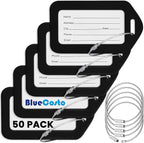 BlueCosto - Luggage Tags - Black, 50 Pack - Suitcase Tags with Name ID Card & Heavy-Duty Metal Wire Loops - Bright Colored PVC Identifiers for Travel Baggage - Backpack Name Labels