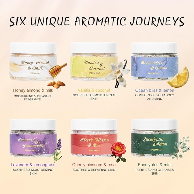 Spa Gifts for Women - 6-Piece Floral Epsom Salt Gift Set for Women with Epsom Salt, Bath and Body Gift Set in Elegant Box | Christmas, Mothers Day, Birthday Gifts for Men spa kit Mom Bath Set