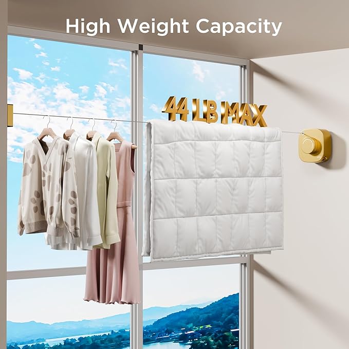 FORIOUS Retractable Clothesline Indoor, 13.8 Ft Non-Sagging Outdoor Clothes Line, Rustproof All Stainless Steel Heavy Duty Clothes Drying Laundry Line, Screw Wall Mounted for Bathroom, Brushed Gold