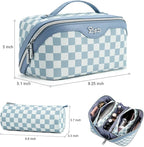 BOYATU Travel Makeup Bag Organizer Cosmetic Bag: 3 Pcs Set Make up Bags for Women with Handle - Waterproof Vegan Leather Toiletry Bag (01-G-Blue)