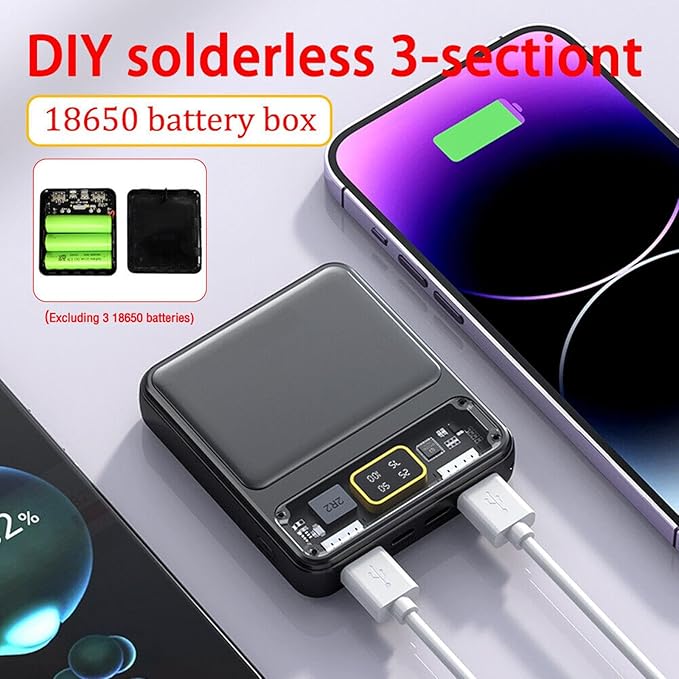 MOUDOAUER Charging Bank Solder Free Kit, Plastic Power Bank Box DIY Charging Case Power Display Free Welding Case for 3X 18650 Battery Parts