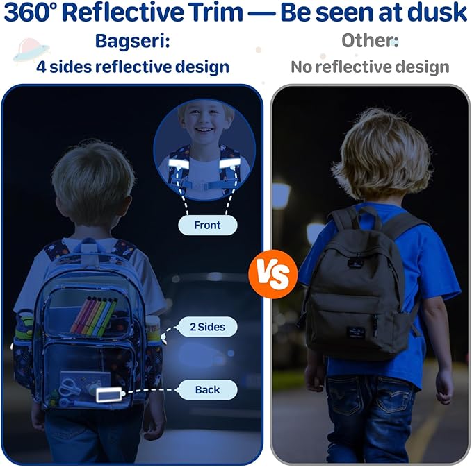Bagseri Clear Backpack for Boys - 15 Inch Heavy Duty Kids Clear Bookbag for Kindergarten to Grade 2, Transparent School Bag with Reflective Strip, Fits Folders, Navy Space