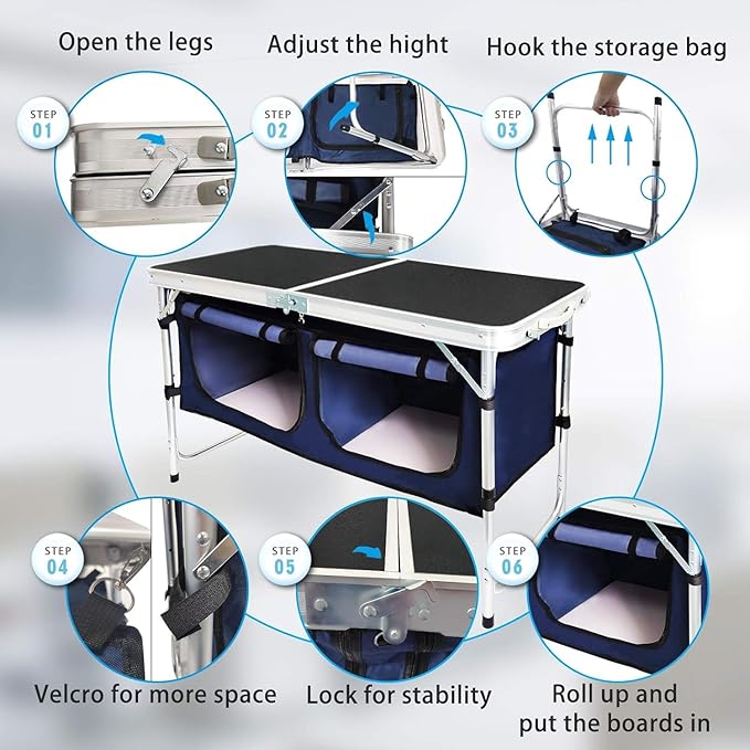 Folding Camping Table with Storage Compartment Aluminum Lightweight Camp Kitchen Table Height Adjustable Indoor/Outdoor Table Perfect for Tailgating, Backyards, BBQ,Picnic, Black