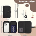 RFID Blocking Passport Wallet, Anti Theft PU Texture Passport Pouch with Tracker Case, Travel Document Organizer Zipper Wallet with Wrist Strap & Keychain, Gifts for Women and Men (Black)