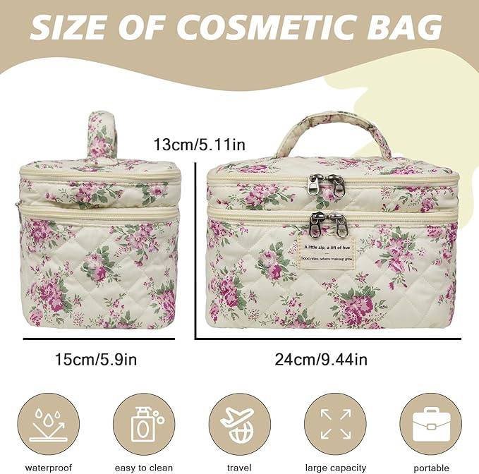 Gosect Large Quilted Makeup Bag, Large Floral Cosmetic Bag for Women, Cute Cotton Makeup Bags, Flower Travel Toiletry Organizer Bag (Pink Flowers)