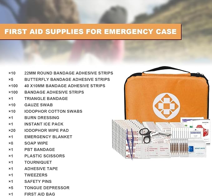 300Piece Portable First Aid Kit Refill Supplies for Car Mini Caming Emergency First Aid Kit Hiking Survival Essential Kit for Outdoor Adventure Emergency Case, Orange 1st Aid