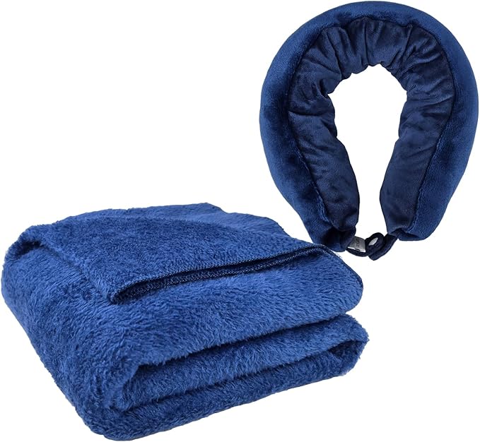 2-in-1 Travel Pillow & Blanket, Airplane Neck Pillow with Neck Support, Supersoft Lightweight Throw Blanket, Airplane Essentials (Blue)