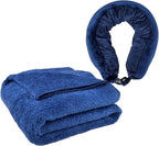 2-in-1 Travel Pillow & Blanket, Airplane Neck Pillow with Neck Support, Supersoft Lightweight Throw Blanket, Airplane Essentials (Blue)