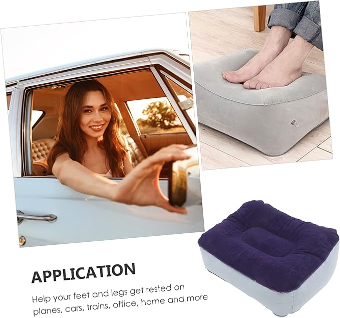 Inflatable Foot Rest Pillow Flocking PVC Travel Cushion for Airplane Train Car Comfortable Foot Massage Stool for Outdoor Trips Grey Blue