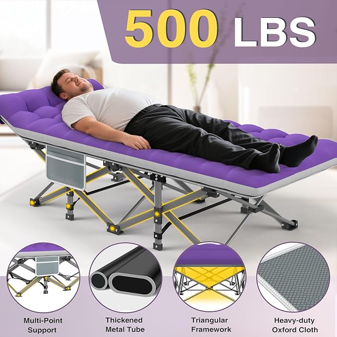 ZENPETIO 28In Folding Camping Cot for Adult, Portable Sleeping Cot with Mattress, Outdoor Heavy Duty Cot Bed for Camp with Carry Bag for Home, Office, Camp, Travel, Vacation-Purple