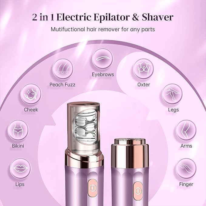 Hair Removal Epilator for Women, 2-in-1 Epilation System Device, Facial Hair Remover, Plucker for Face, Lip, 18 Carat Gold Plated Head, All Ages and Skin Types,with Pouch, Brush