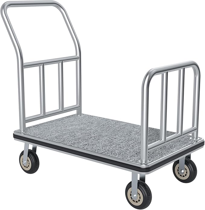 Hotel Luggage Cart Commercial Grade Brushed Stainless Steel, 900LBS Heavy Duty Bellman's Cart with 8" Rubber Wheels & Grey Carpeted Deck Luggage Trolley for Hotels Resorts (Silver, 38"× 42" × 25")