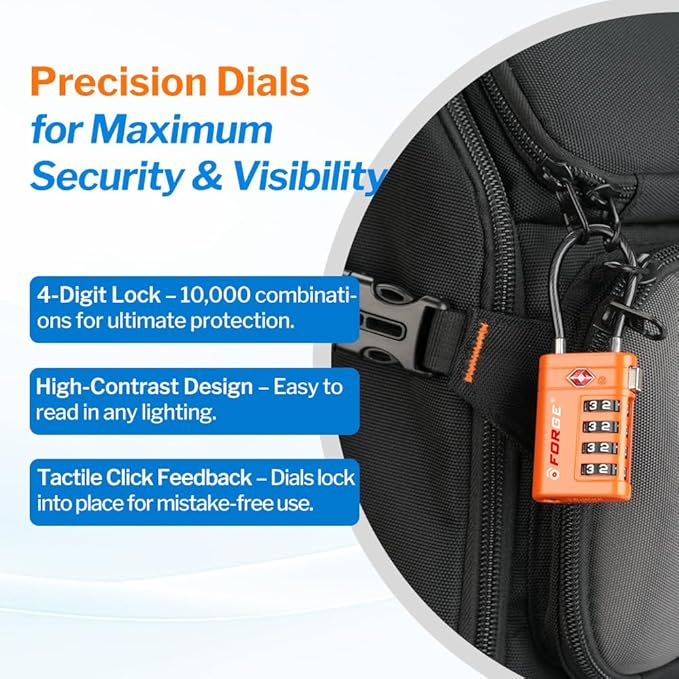 Forge TSA Approved Cable Luggage Locks with TSA008, 4-Digit Combination & Open Alert Indicator, Zinc Alloy Body, 2 Orange Travel Locks with 2 TSID Smart Lost & Found Tags for Luggage & Suitcase