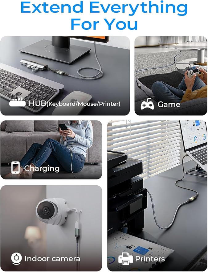 AINOPE USB Extension Cable,USB Extender,USB 3.0 Extension Cable, Male to Female Cord High Data Transfer Compatible with Keyboard,Flash Drive,Hard Drive,Printer,24.6FT,Grey