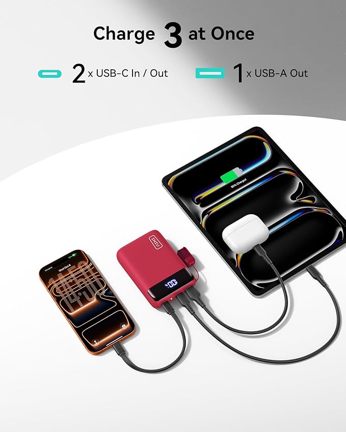 INIU Smallest 20000mAh Power Bank, 22.5W PD Fast Charging Portable Charger with Detachable Cable, Flight-Safe Battery Pack with LED Display for iPhone Google College Students Teen Boys Girls, Red