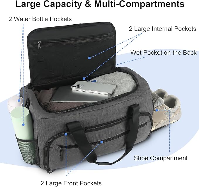 Gym Bag for Men Women, Sport Duffle Bag with Wet Pocket & Shoes Compartment, Water Resistant Overnight Weekender Bag Duffel Bag