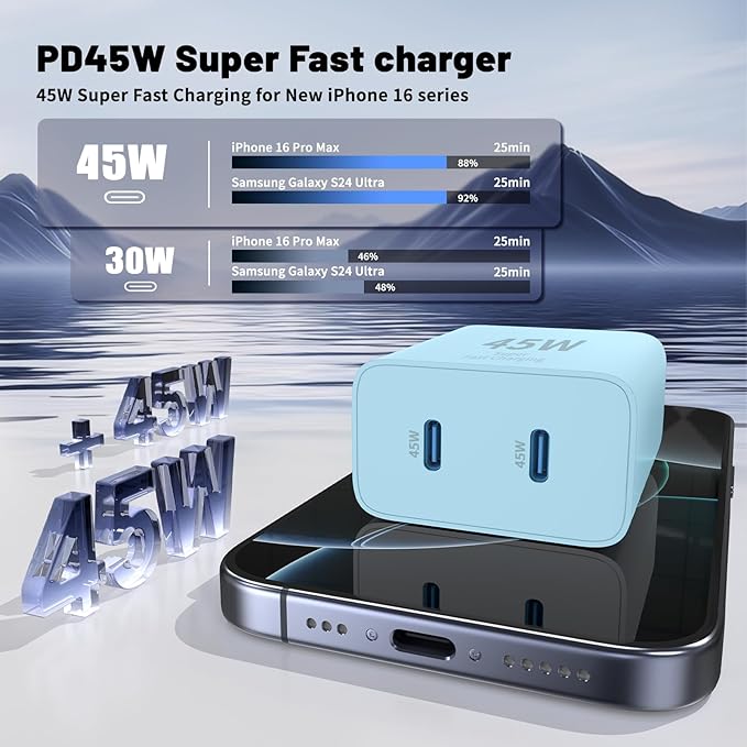 QZIIW iPhone 16 15 Pro Max Charger Fast Charging,45W Dual Port USB C Fast Charger Block [2-Pack] & Extra Long 60W 3/6/10/10FT USB C Cable - PD Quick Adapter 3.0 for iPhone 16 15/16 15Pro/16 15 Plus.