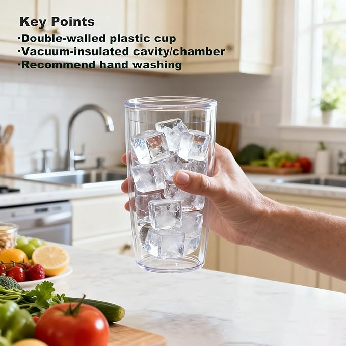 Unbreakable 16oz Tumblers Set of 4 - Plastic Double Wall Insulated Cups, Shatterproof Clear Travel Mugs Keep Drinks Cold & Hot, Reusable BPA-Free for Camping, Party, Office, Home Use (Hand Wash)