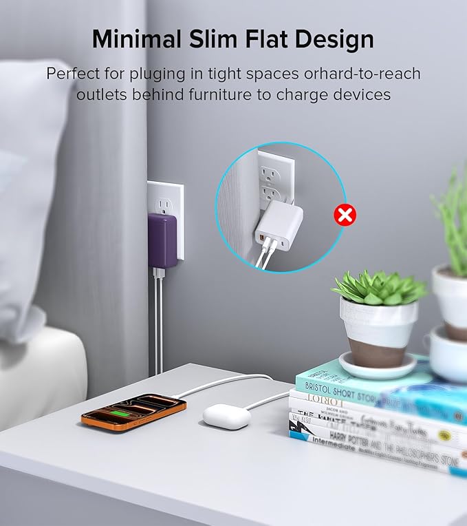 40W Flat USB C Charger Block, 2-Pack USB C Fast Charging Block 4-Port Dual PD+QC Power Adapter Double Charger Block Multiport Type C Cube Multiple Wall Plug for iPhone 17 16 15 14 13 Pro Max(Purple)