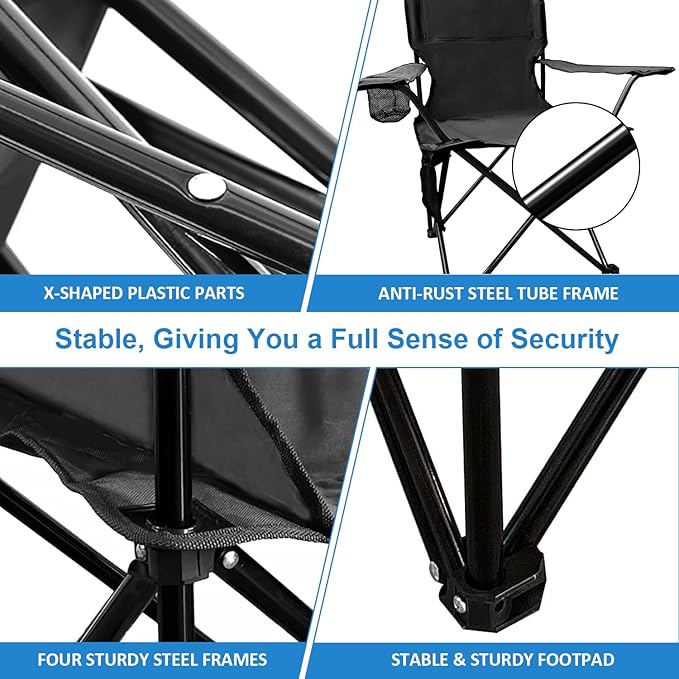 Camping Chair 2 Pack Portable Folding Chair, Supports 300lbs, Lightweight Stable Outdoor Chair for Camping Hiking Fishing Beach Travel Picnic, Compact Collapsible Camping Seat, Classic Black