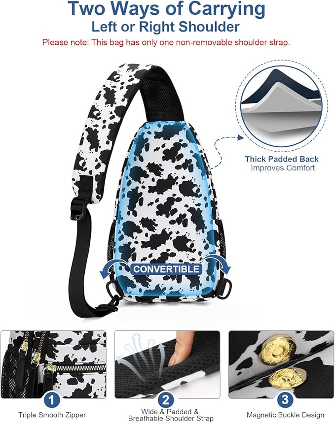 Capolo Sling Bag for Women Men Waterproof Crossbody Bags for Women Trendy Casual Fanny Pack with Convertible Shoulder Strap Chest Bag for Travel Hiking(Cow Print, Large)