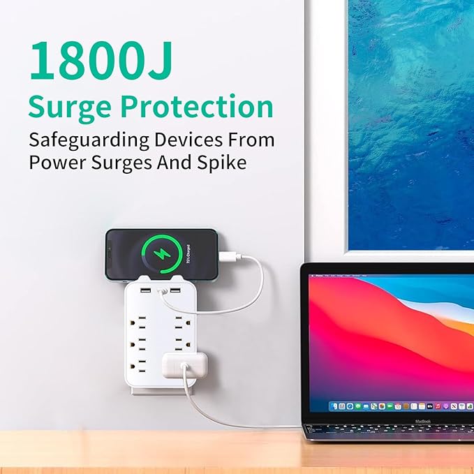 Surge Protector Outlet Extender, 6 AC Outlets & 2 USB-A & 1 USB-C Ports (3A), ETL Listed, Triple-Sided Wide-Spaced, 125V 1875W, Flame Retardant for Home Office Kitchen Travel